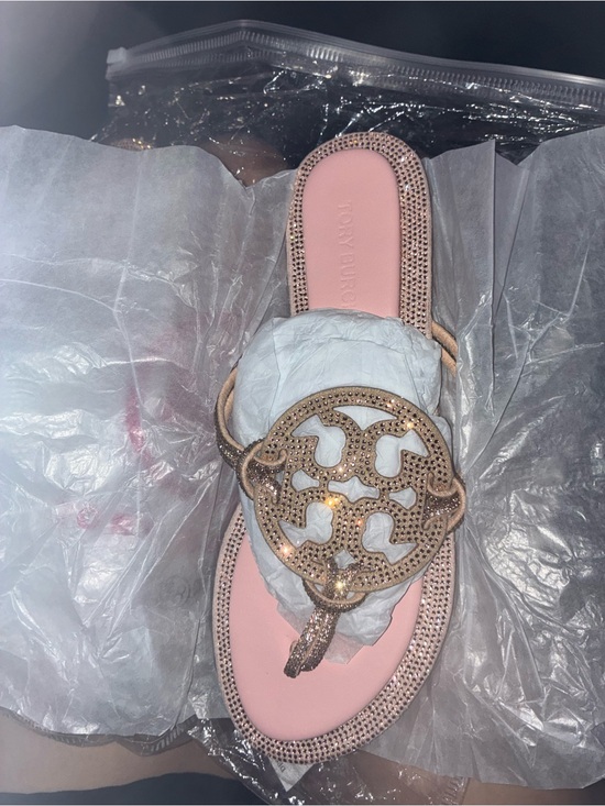 Tory Burch Shoes - Tory Burch Pink Crystal-Studded Logo Thong Sandals